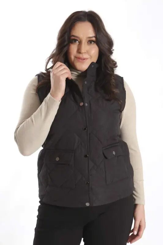 Large Snap Button Quilted Black Vest - 7