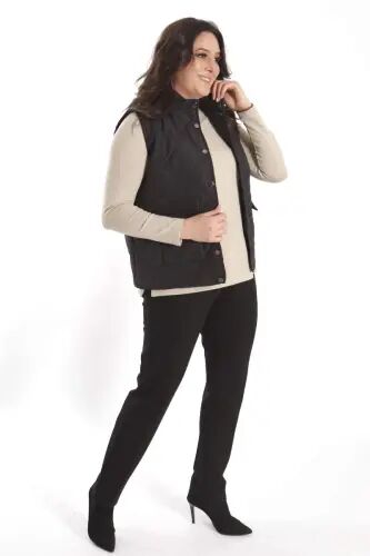 Large Snap Button Quilted Black Vest - 8