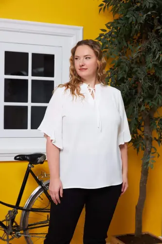 Large Size Blouse Ecru with Collar Tie Detail - 1