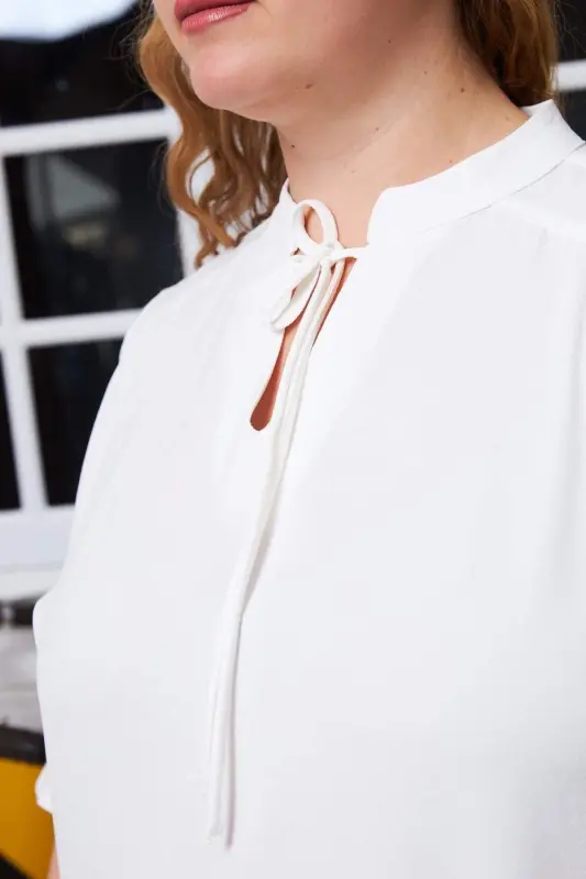 Large Size Blouse Ecru with Collar Tie Detail - 3