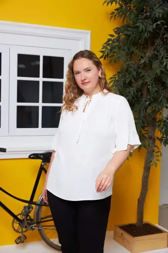Large Size Blouse Ecru with Collar Tie Detail - 4