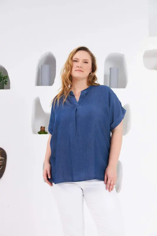 Large Size Blouse with Collar Detail, Blue - BÜYÜKBEDENIZ