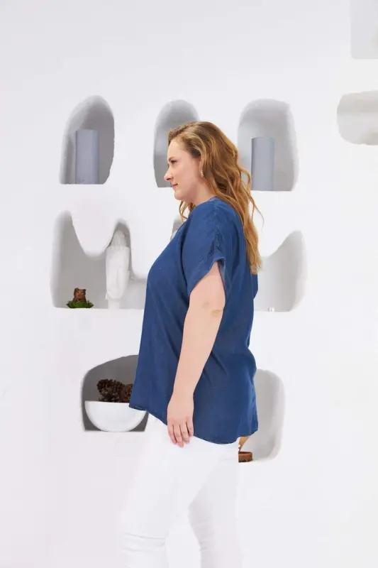 Large Size Blouse with Collar Detail, Blue - 11