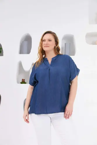 Large Size Blouse with Collar Detail, Blue - 4