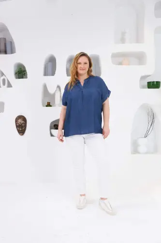 Large Size Blouse with Collar Detail, Blue - 5