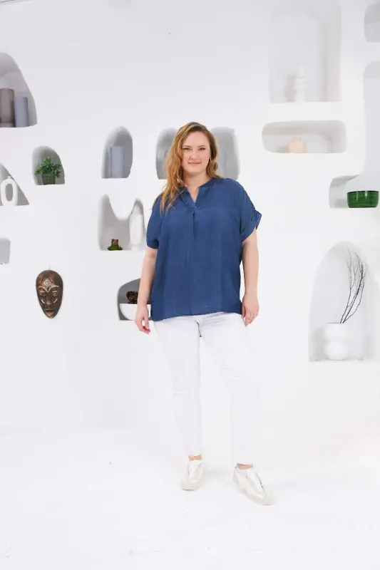 Large Size Blouse with Collar Detail, Blue - 5