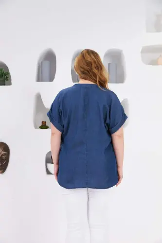 Large Size Blouse with Collar Detail, Blue - 6