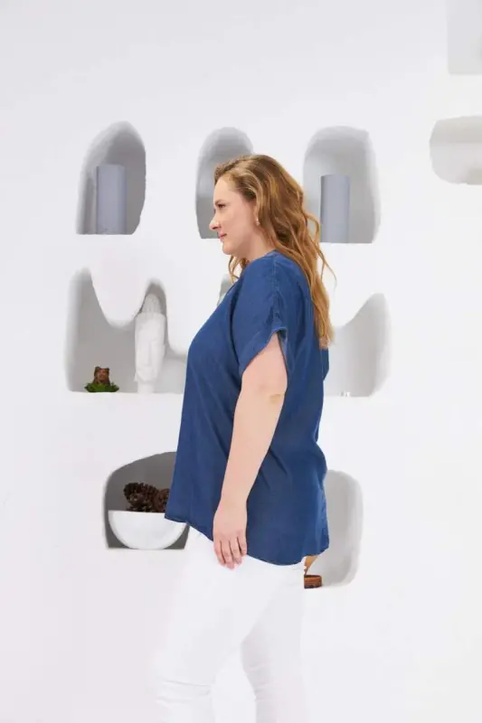 Large Size Blouse with Collar Detail, Blue - 2
