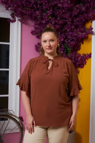 Large Size Blouse with Collar Tie Detail, Coffee - 1
