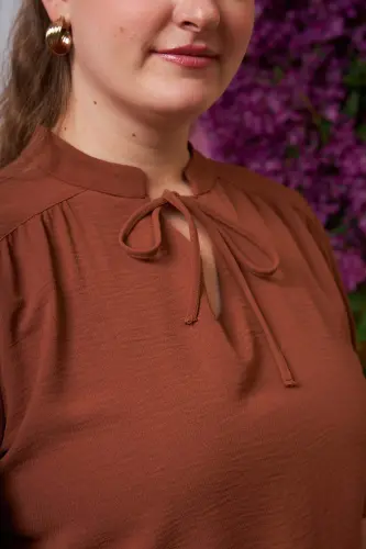 Large Size Blouse with Collar Tie Detail, Coffee - 2