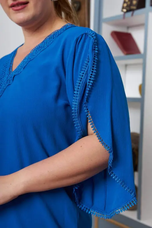 Large Size Blouse with Guipure Lace Collar and Sleeves, Saks - 6