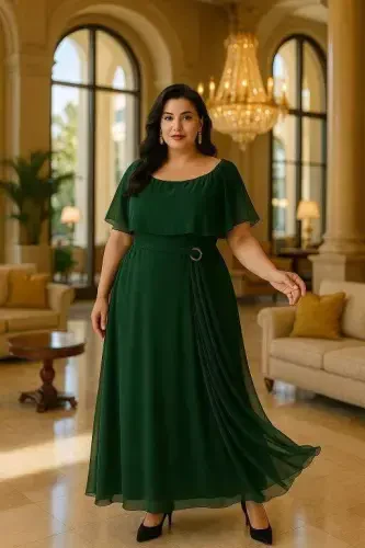 Large Size Chiffon Stretch Lycra Long Evening Dress KL3114 Green - 1
