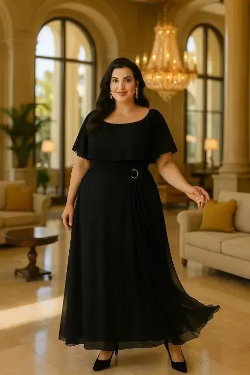 Large Size Chiffon Stretchy Lycra Long Evening Dress KL3114 Black - BÜYÜKBEDENIZ