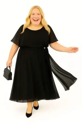 Large Size Chiffon Stretchy Lycra Long Evening Dress KL3114 Black - 3