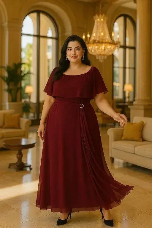 Large Size Chiffon Stretchy Lycra Long Evening Dress KL3114 Burgundy - 1