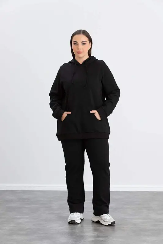 Large Size Cotton Thick Tracksuit Set Black - BÜYÜKBEDENIZ