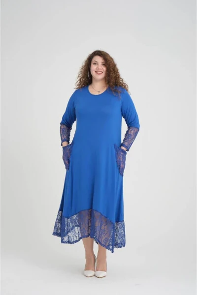 Large Size Dress with Blue Lace Details - 1