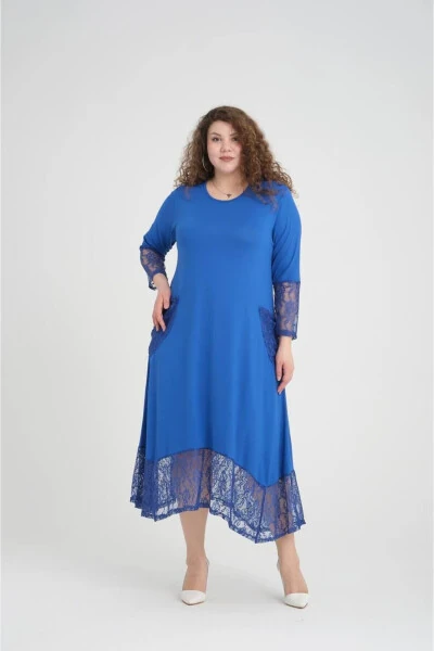 Large Size Dress with Blue Lace Details - 2