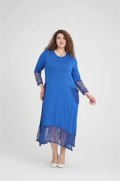 Large Size Dress with Blue Lace Details - 3