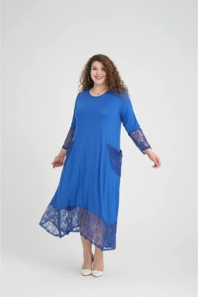 Large Size Dress with Blue Lace Details - 4