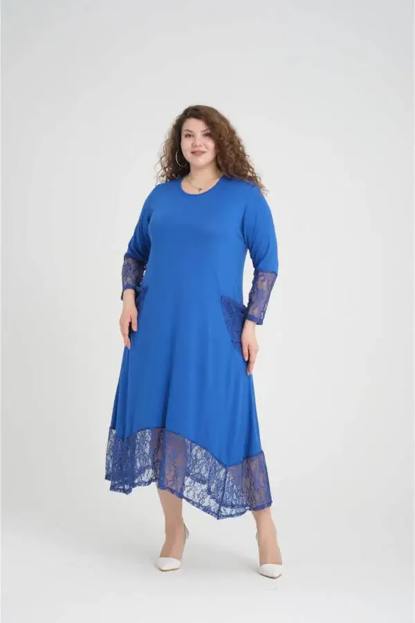 Large Size Dress with Blue Lace Details - 5