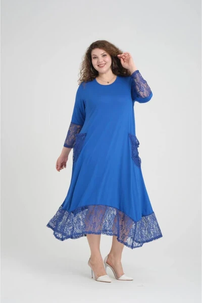 Large Size Dress with Blue Lace Details - 6