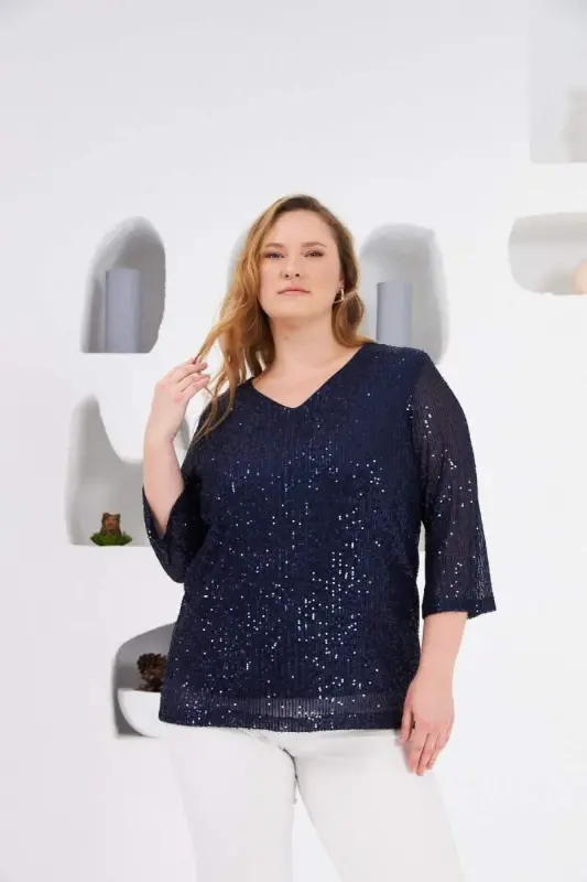 Large Size Lined Sequin Blouse Navy Blue - 1