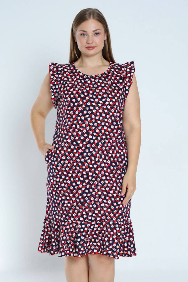 Large size navy blue floral printed dress with ruffles on sleeves and skirt, 100% cotton with pockets - 1