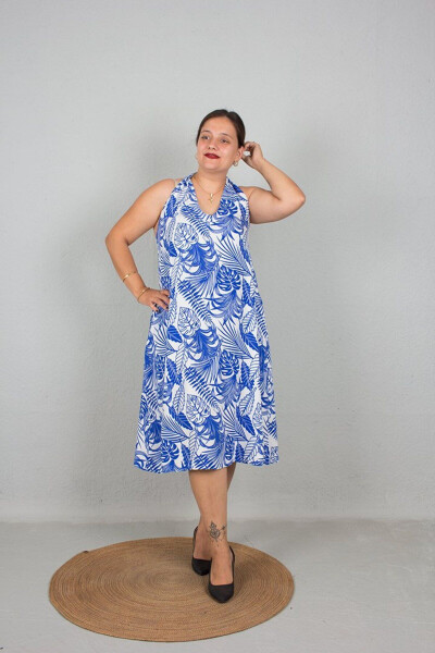 Large Size One Dress Two Models Strapless And Tie Neck Used Woven Patterned Dress Blue - 1