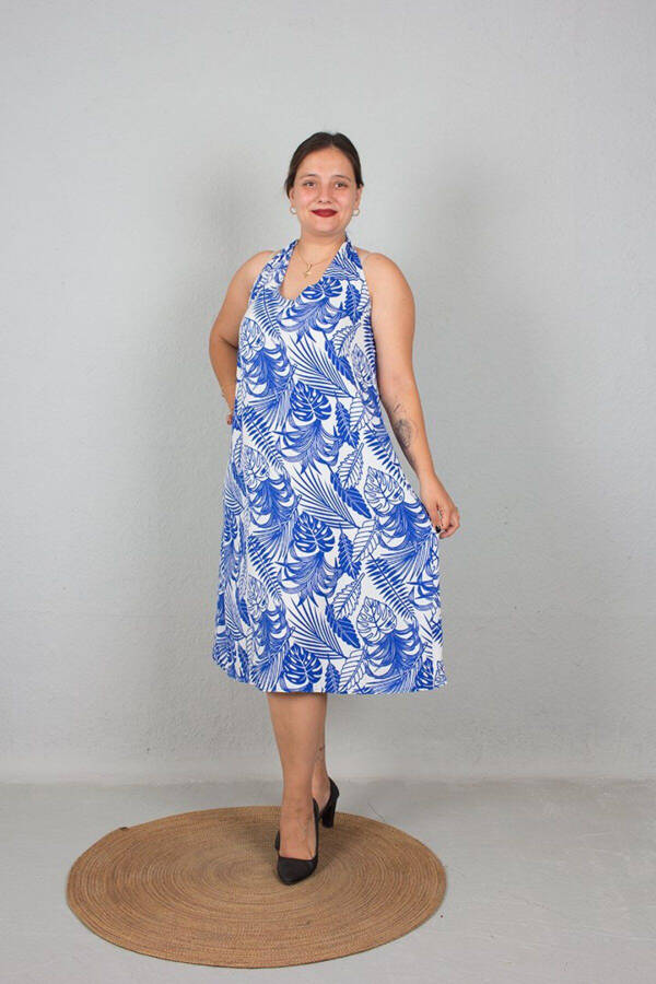 Large Size One Dress Two Models Strapless And Tie Neck Used Woven Patterned Dress Blue - 2