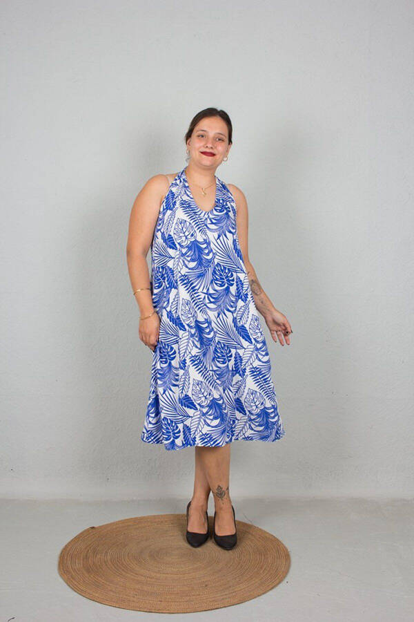 Large Size One Dress Two Models Strapless And Tie Neck Used Woven Patterned Dress Blue - 3