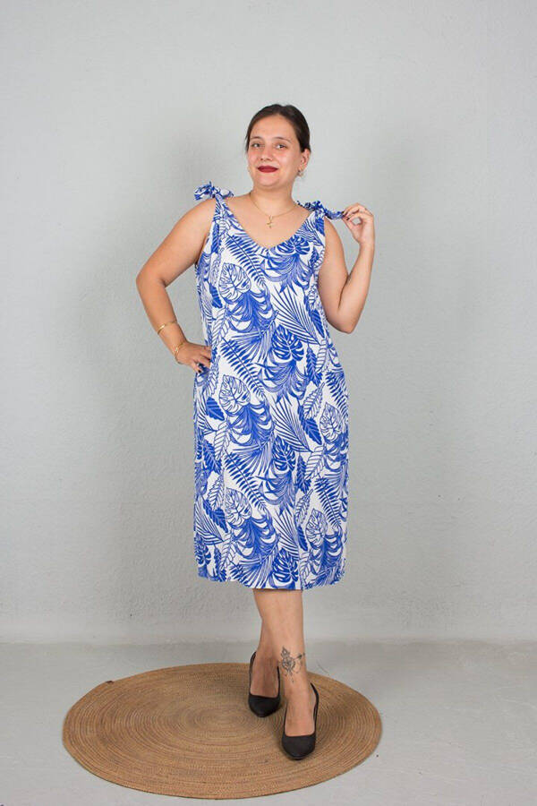 Large Size One Dress Two Models Strapless And Tie Neck Used Woven Patterned Dress Blue - 6