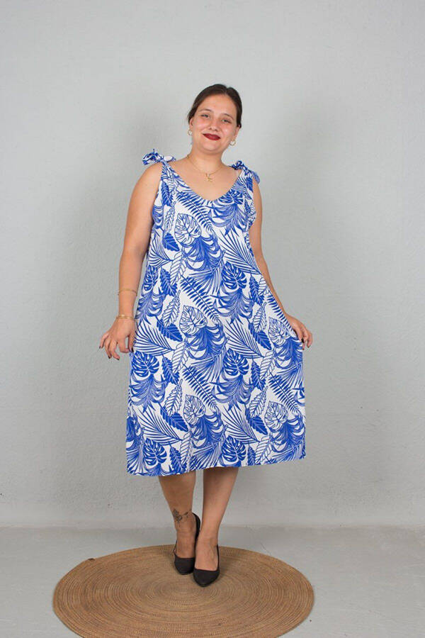 Large Size One Dress Two Models Strapless And Tie Neck Used Woven Patterned Dress Blue - 8