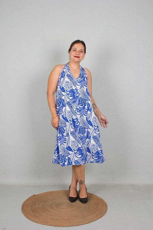Large Size One Dress Two Models Strapless And Tie Neck Used Woven Patterned Dress Blue - 12