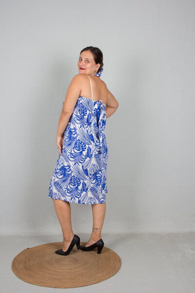 Large Size One Dress Two Models Strapless And Tie Neck Used Woven Patterned Dress Blue - 13