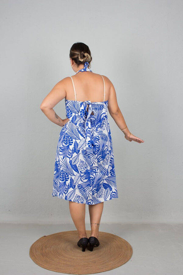 Large Size One Dress Two Models Strapless And Tie Neck Used Woven Patterned Dress Blue - 14