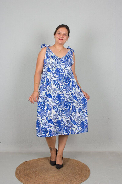 Large Size One Dress Two Models Strapless And Tie Neck Used Woven Patterned Dress Blue - 17