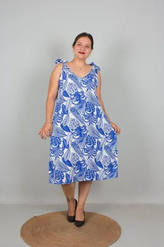 Large Size One Dress Two Models Strapless And Tie Neck Used Woven Patterned Dress Blue - 9