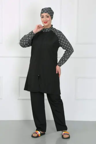 Large Size Patterned Hijab Swimsuit Black 44030 - 1