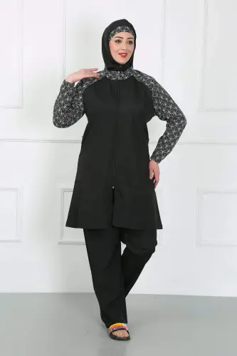 Large Size Patterned Hijab Swimsuit Black 44030 - BÜYÜKBEDENIZ (1)