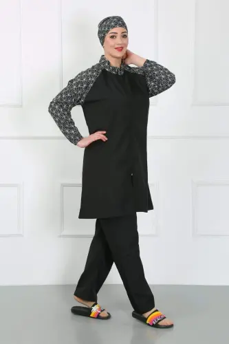 Large Size Patterned Hijab Swimsuit Black 44030 - 3