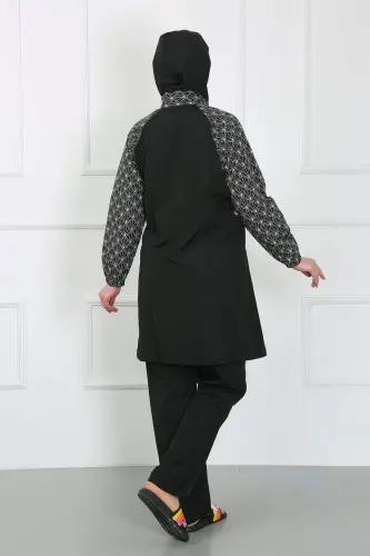 Large Size Patterned Hijab Swimsuit Black 44030 - 6