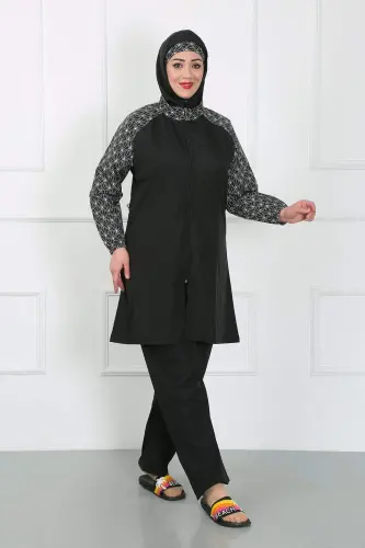 Large Size Patterned Hijab Swimsuit Black 44030 - 4