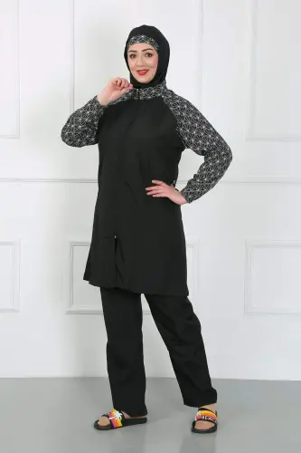 Large Size Patterned Hijab Swimsuit Black 44030 - 5