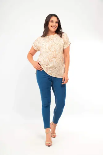 Large Size Patterned Low-Neck Viscose Blouse - 1