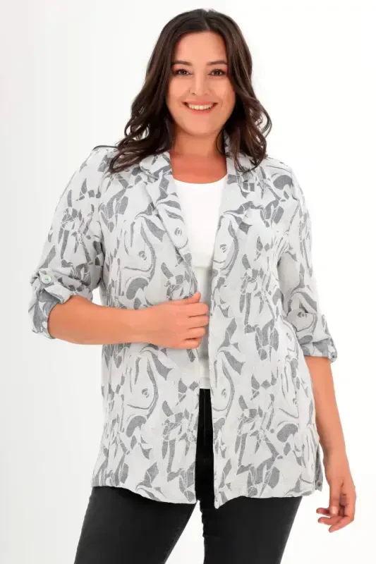 Large Size Patterned Wrap-around Navy Blazer - 1