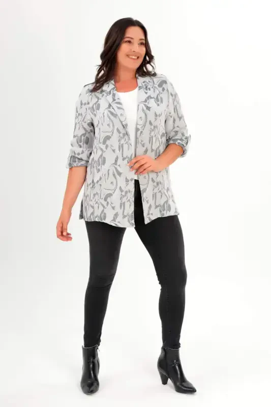 Large Size Patterned Wrap-around Navy Blazer - 2