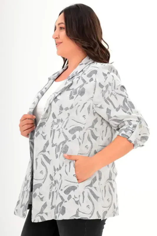 Large Size Patterned Wrap-around Navy Blazer - 3