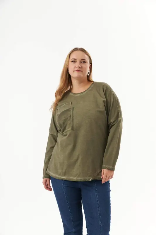 Large Size Pocket Detail Piece Dye Sweatshirt Khaki - 2