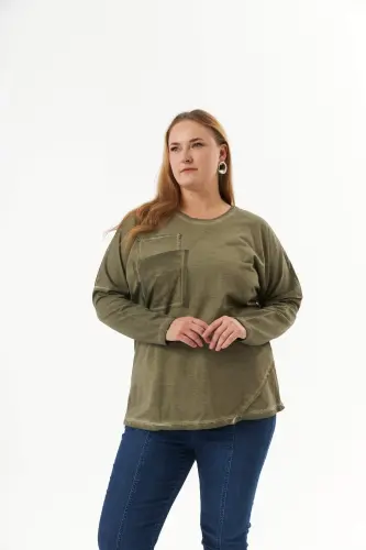 Large Size Pocket Detail Piece Dye Sweatshirt Khaki - 3